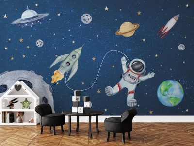 Watercolor Astronaut Wall Mural Kids Space Wallpaper
