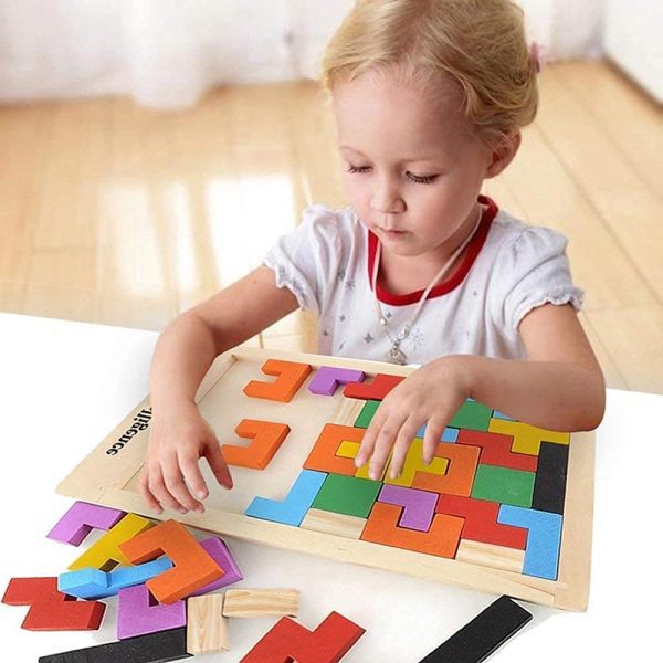 Colorful Wooden Tetris Puzzle: Montessori-inspired Brain Teaser Game for Kids 2-6 Years Old - 40 Pcs Educational Toy & Gift for Boys and Girls