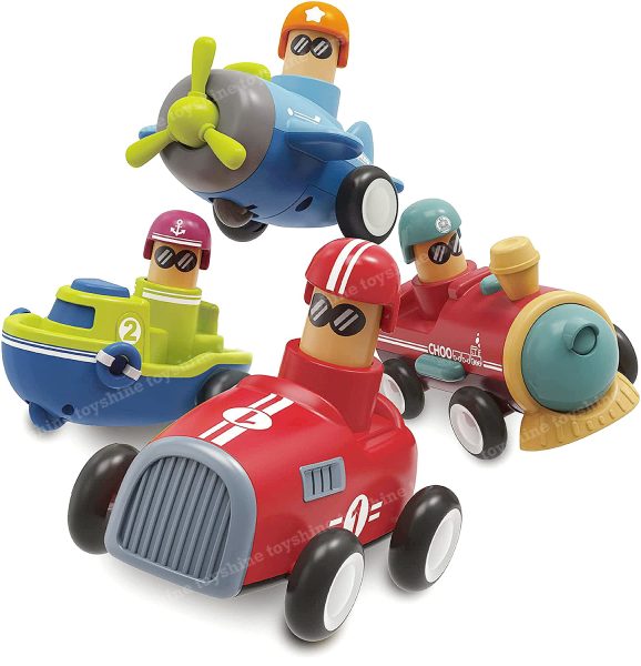 Friction Powered Toy Cars Set: Pack of 4 Pull-Back Vehicles for Kids 3+ Years - Includes Airplane, Boat, Train - Perfect Gifts for Babies, Toddlers, Boys and Girls