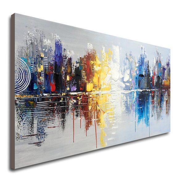 Cityscape Reflection Oil Painting: Hand-Painted Modern Art on Canvas (48x24") in Yellow, Blue, and White