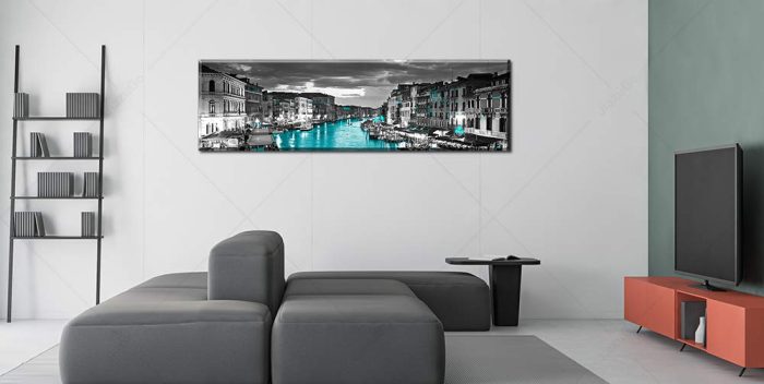 Venice Skyline Wall Art Black and White City Canvas Artwork Italy Cityscape Coastal Aqua Green Teal Waterfront Painting Poster for Bedroom Office Decoration Modern Home Art Stretch Framed Ready Hang