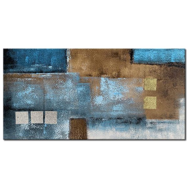 Large Abstract Blue Gold Gray Wall Art Hand Painted Textured Linen Oil Painting on Canvas Ready to Hang 60x30inch