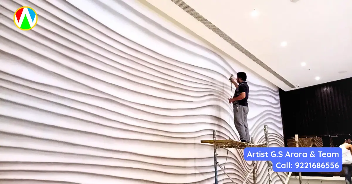Close-up of 3D wave wall art detail — Artist G.S. Arora Mumbai restaurant