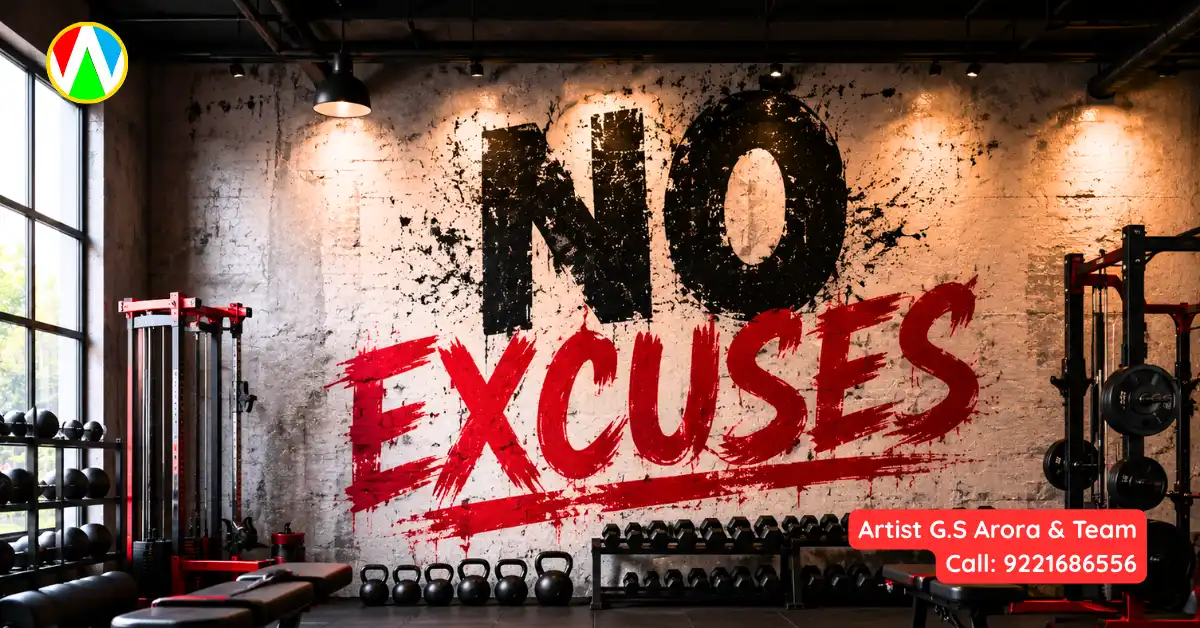 A commercial gym wall featuring bold, aggressive typography with the quote 'NO EXCUSES' painted in black and bright red.