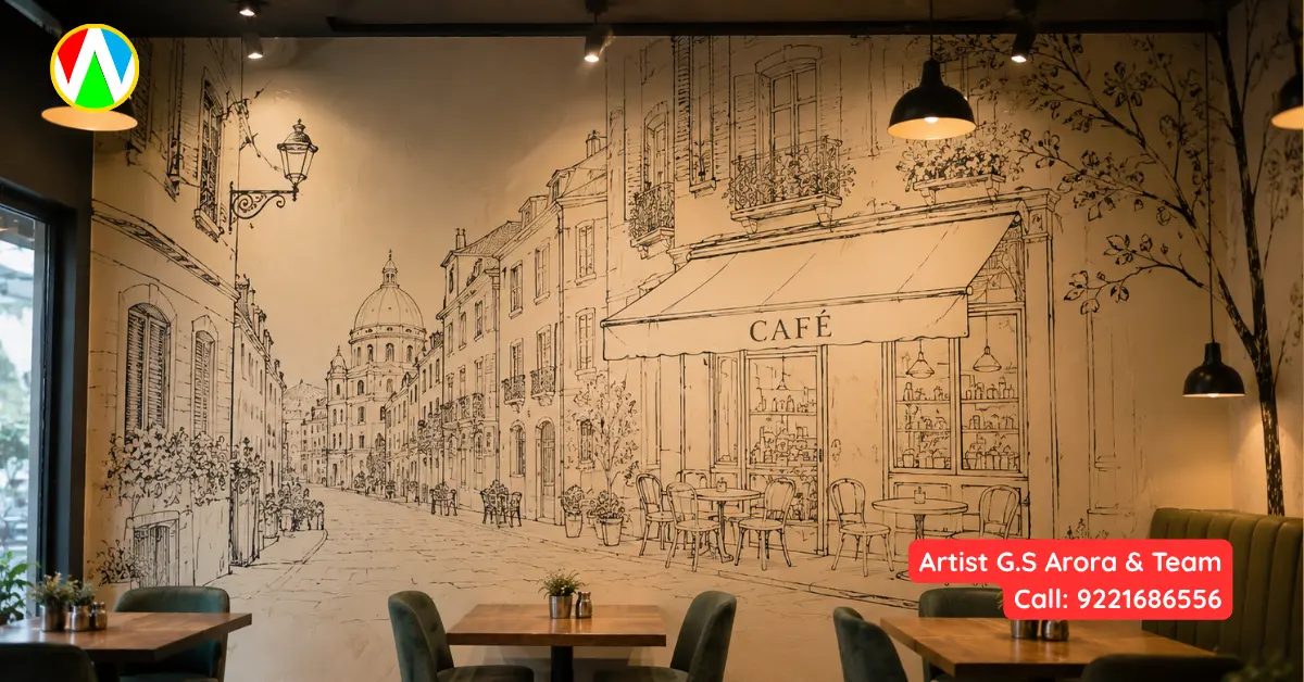 Restaurant Wall Painting Ideas Minimalist Cityscape Line Art Murals for cafe