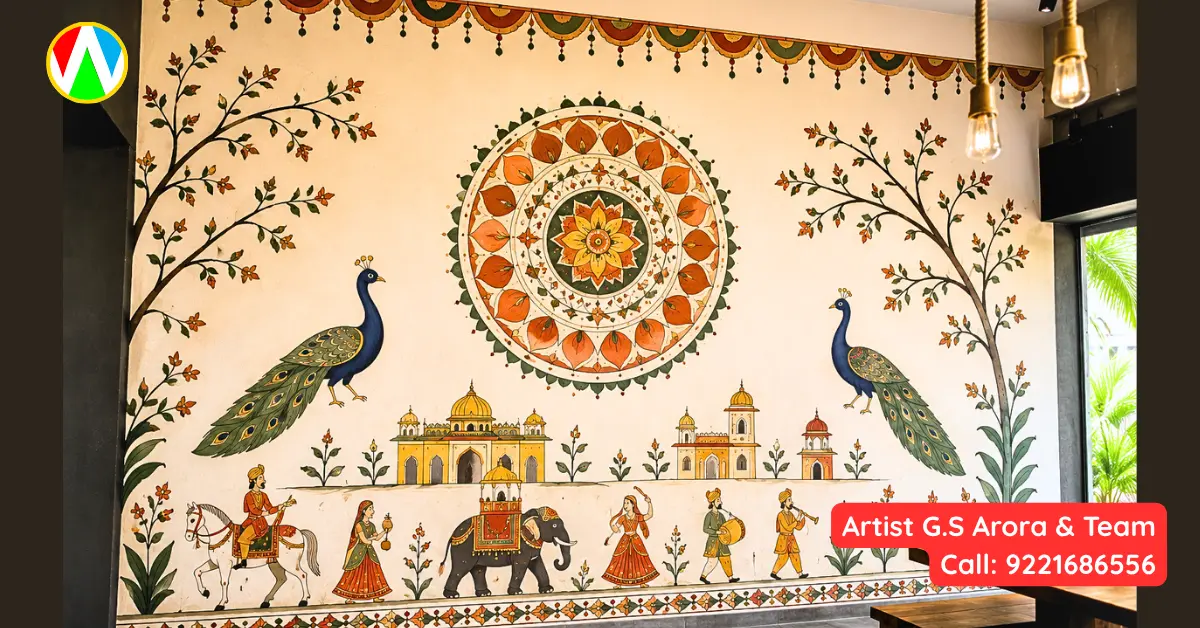 Highly detailed traditional Indian folk art mural (Rajasthani or Mandala) on a massive wall. Rich, vibrant cultural colors by Artist G.S. Arora Wall Painting Mumbai