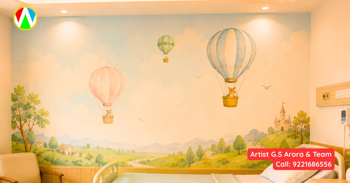 A cozy pediatric recovery room with a soft, pastel-colored storybook mural