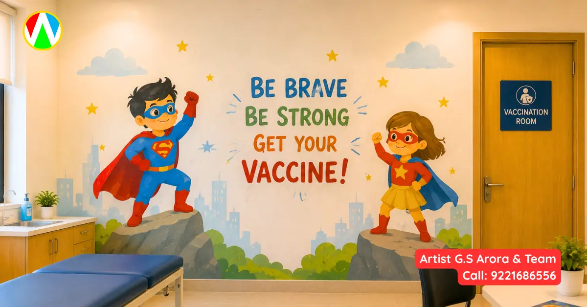 A vaccination room wall featuring a hand-painted superhero theme