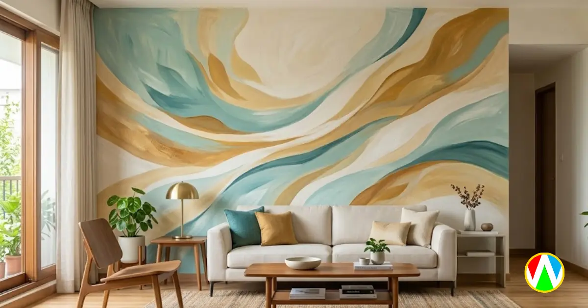 Abstract expressionist mural painting India in a luxury living room