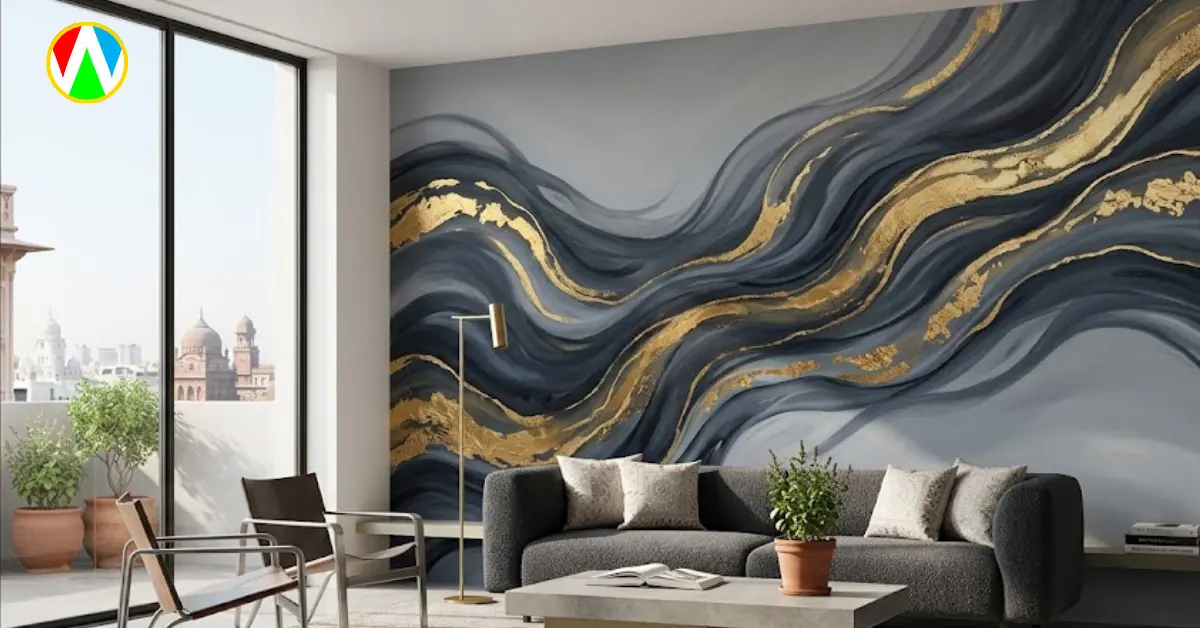 Contemporary living room wall painting with abstract fluid art and metallic gold