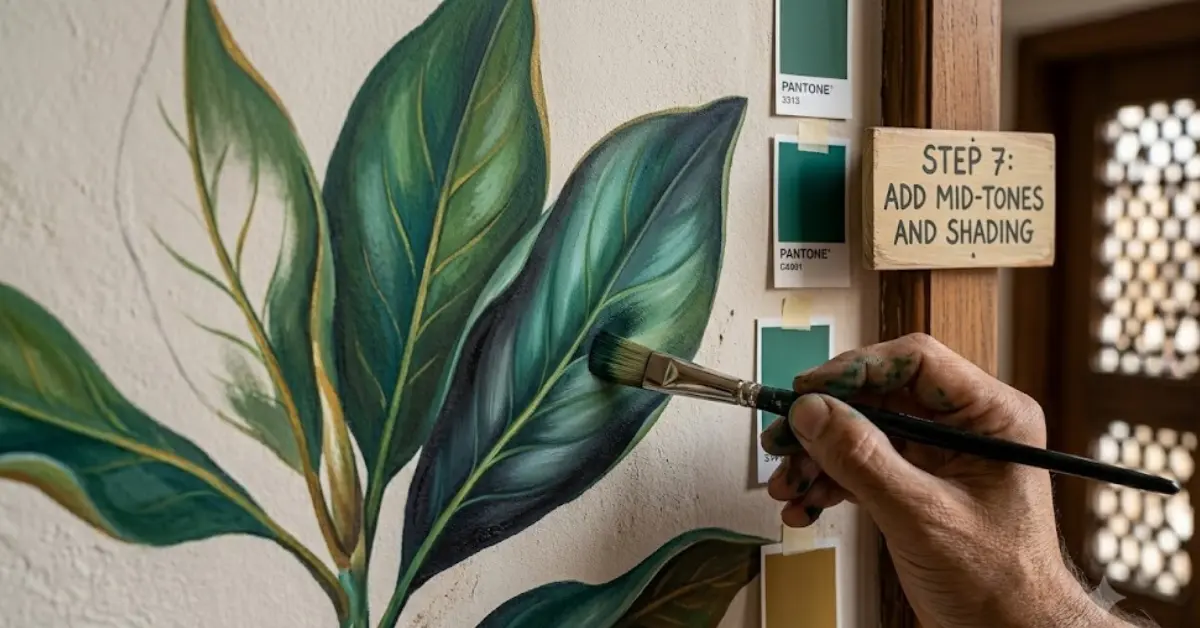 Adding shading and mid tones to a wall mural