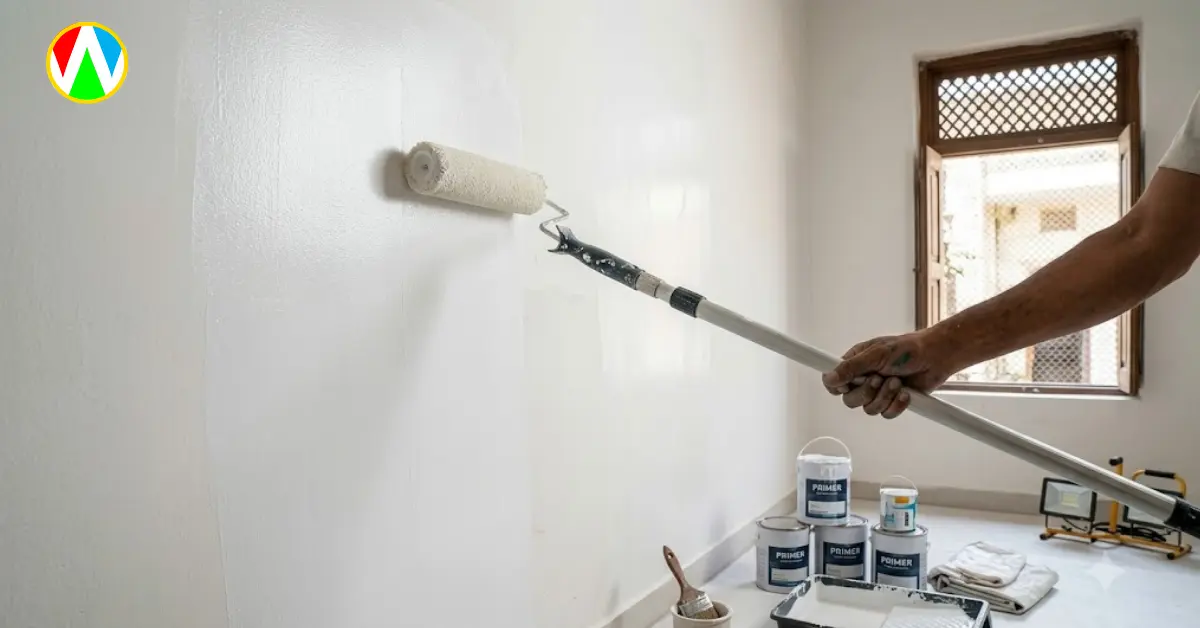 Applying primer in the process of how to paint a wall mural