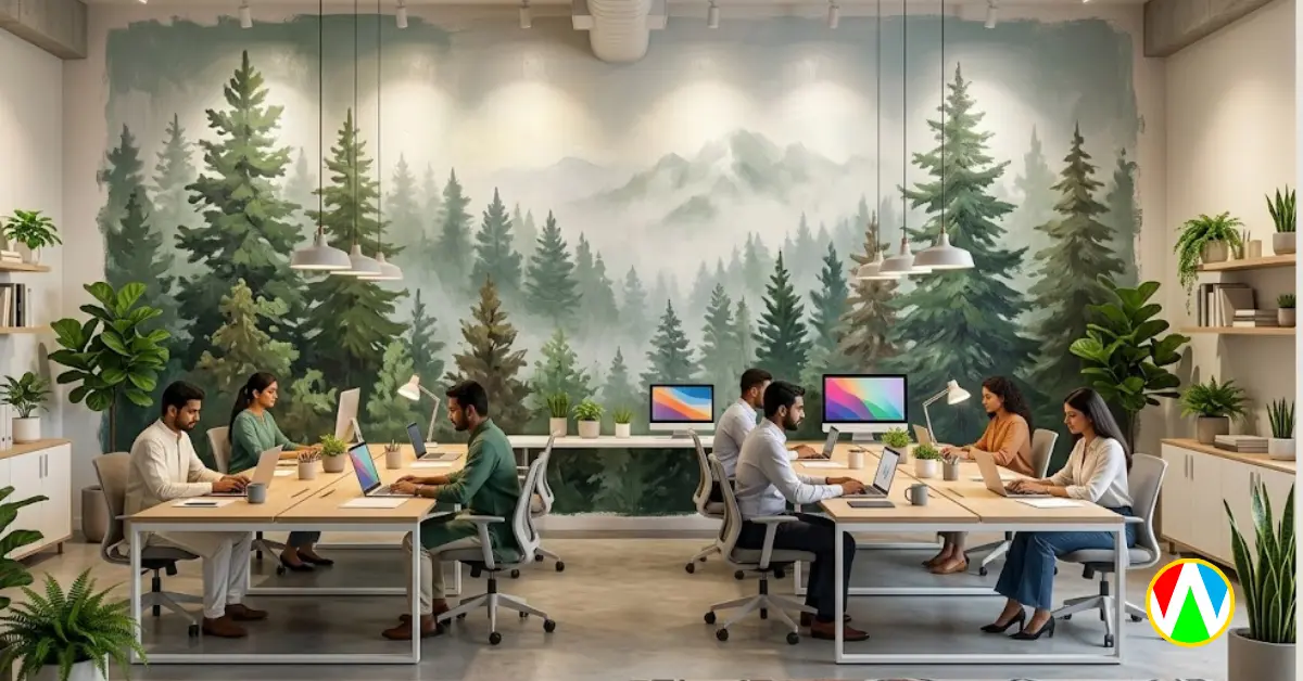 Office wall art decoration featuring a biophilic nature escape mural
