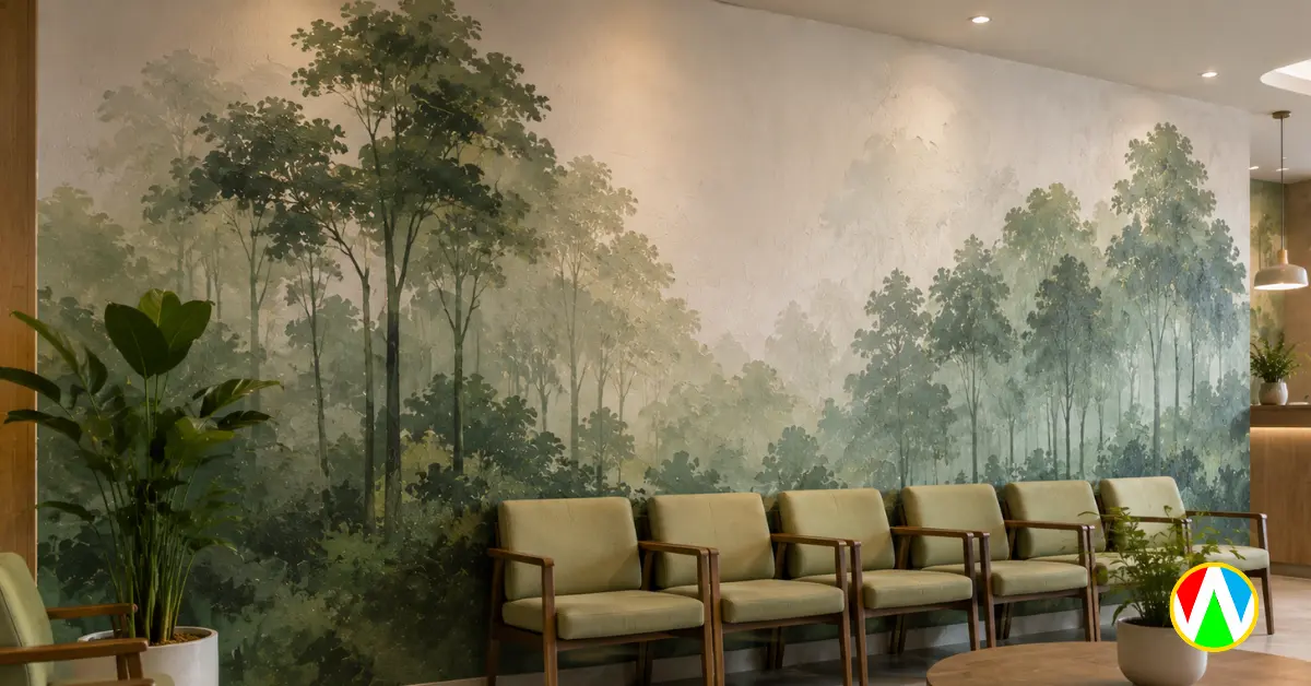 Biophilic nature mural painting India in a modern healthcare clinic