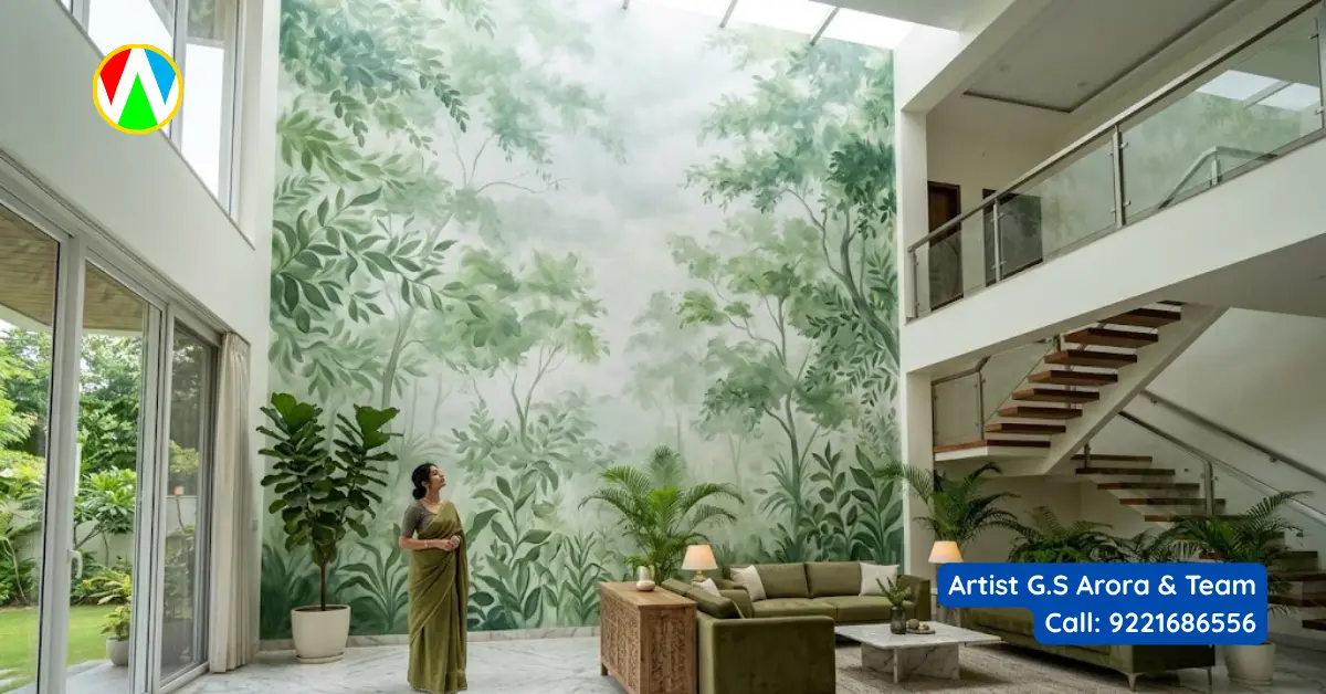 Biophilic vertical forest double-height murals in a modern villa