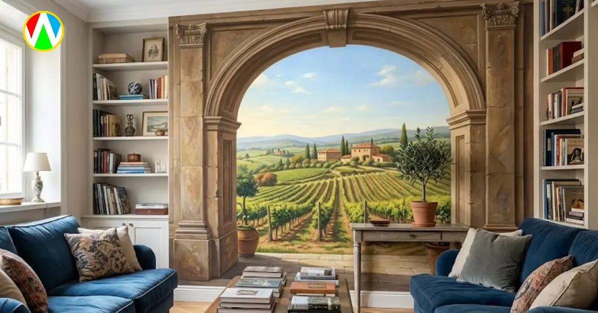Trompe L'oeil drawing room wall mural creating a sense of vast space