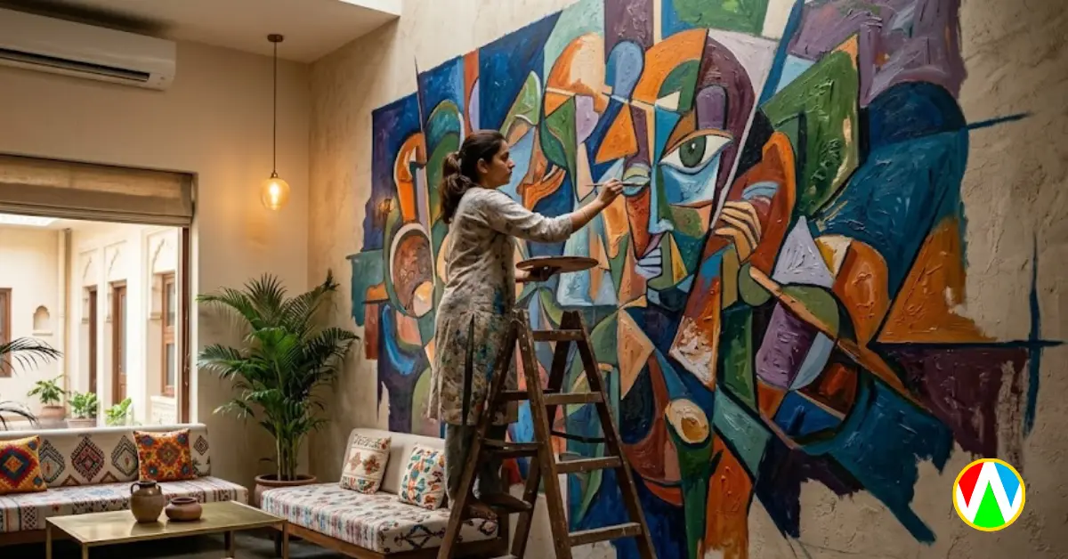 Cubism and Fauvism inspired abstract wall painting artist executing a mural