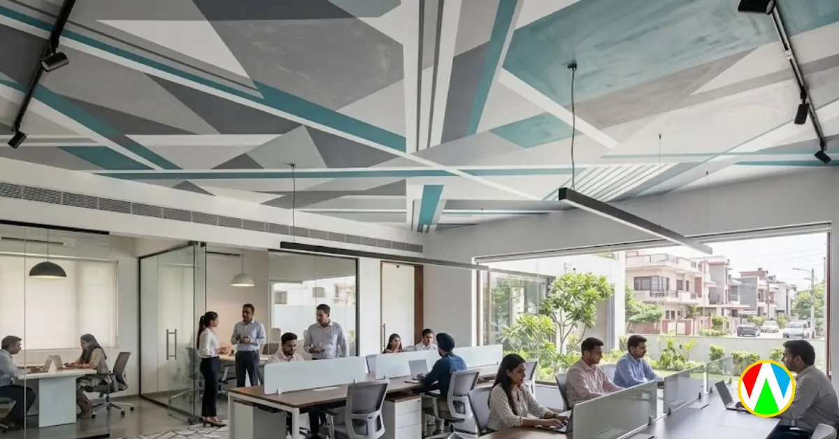 Geometric faux molding ceiling art design ideas for modern offices