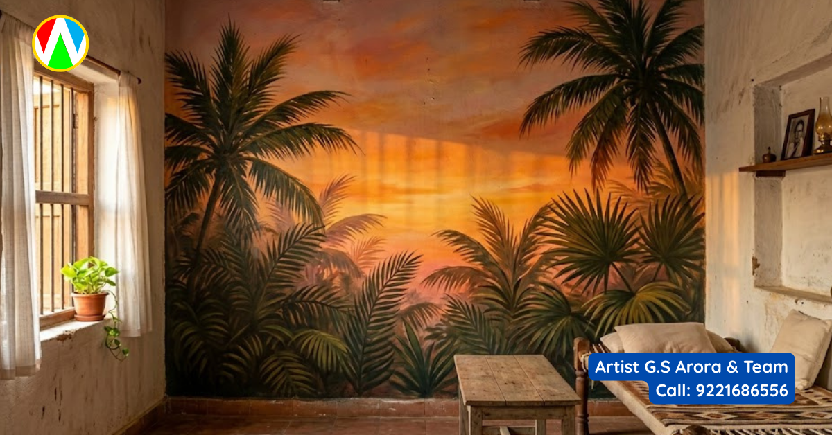 Premium biophilic living room wall murals in a golden hour tropical paradise style
