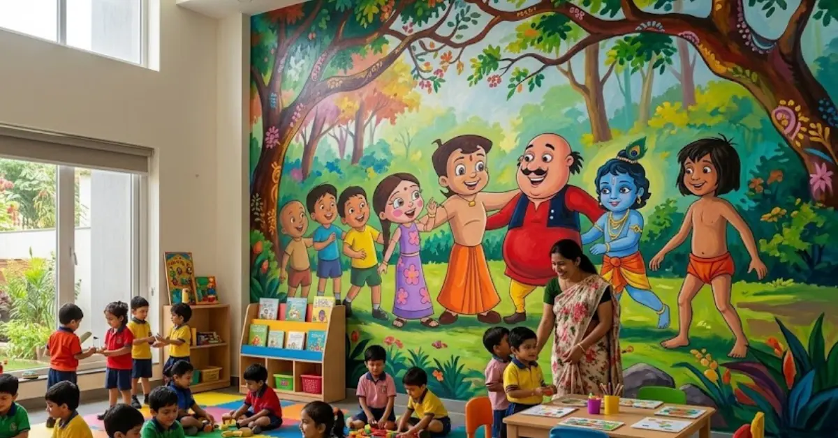 Iconic cartoon character themed murals on a play school classroom wall