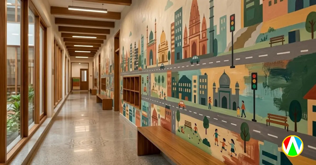 Educational traffic and cityscape layout in a play school corridor