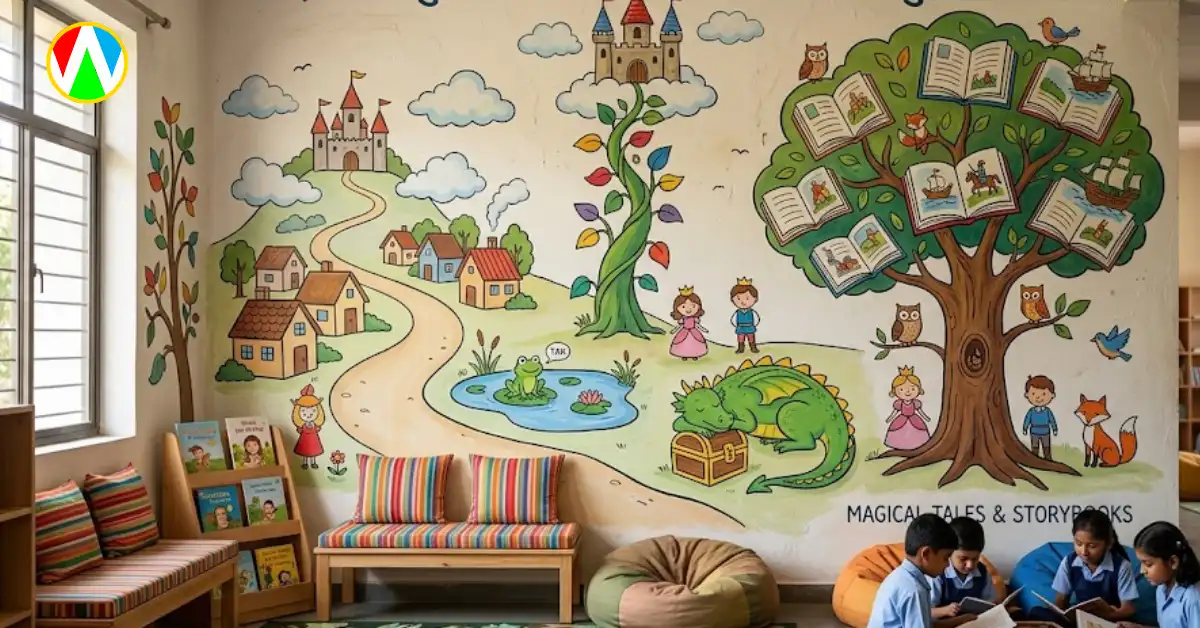 School wall art featuring magical fairy tales and storybooks