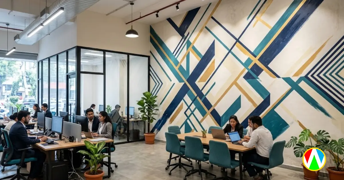 Corporate office wall painting showing minimalist geometric line art
