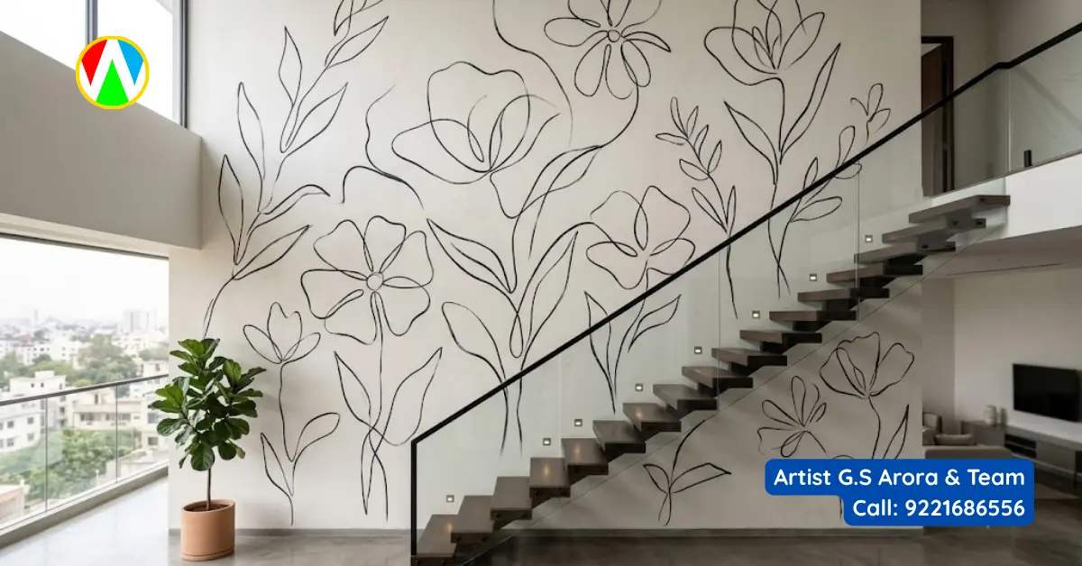 Minimalist monochrome line art staircase wall painting in a duplex