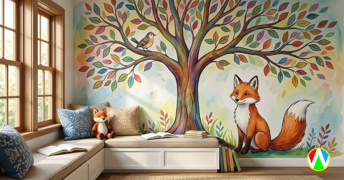 Moral storybook themes hand painted on a library wall by school cartoon painting artist Mumbai India