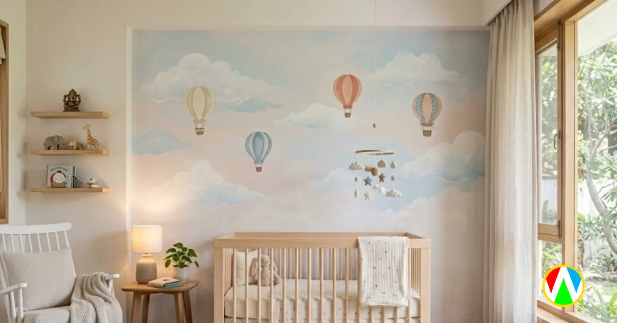 Newborn baby room decoration ideas featuring a serene hand painted nursery mural