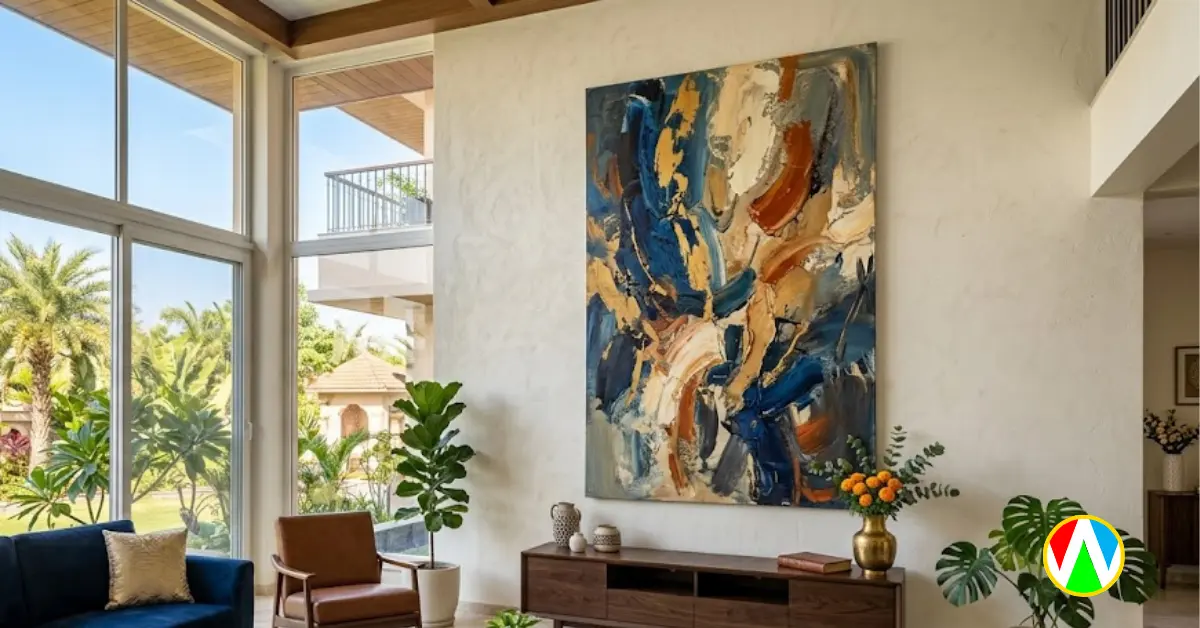 Oversized custom canvas art India hanging in a luxury living room