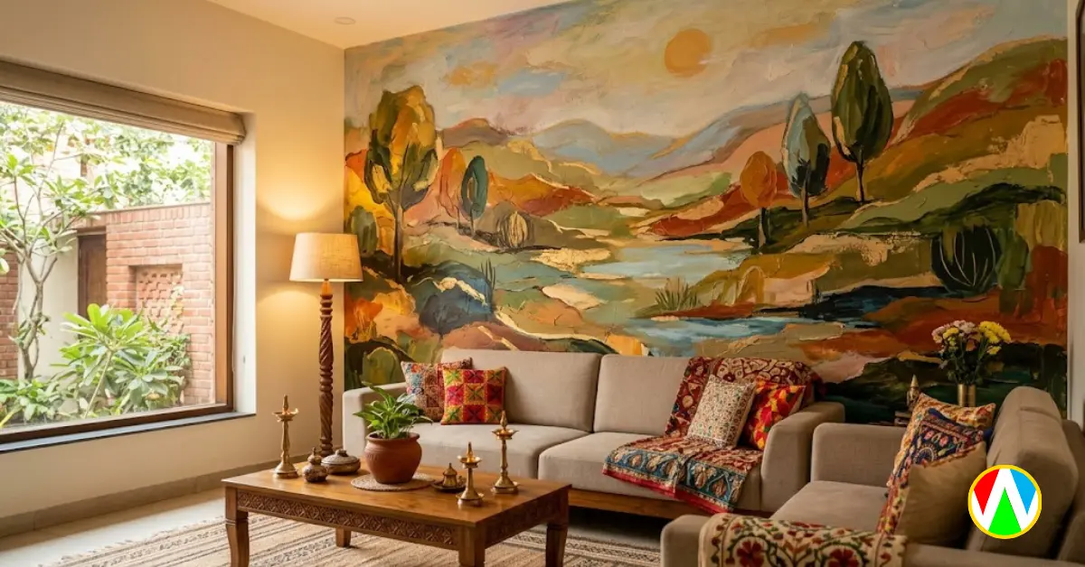 Abstract wall painting artist delivering fine art murals in small towns and villages across India