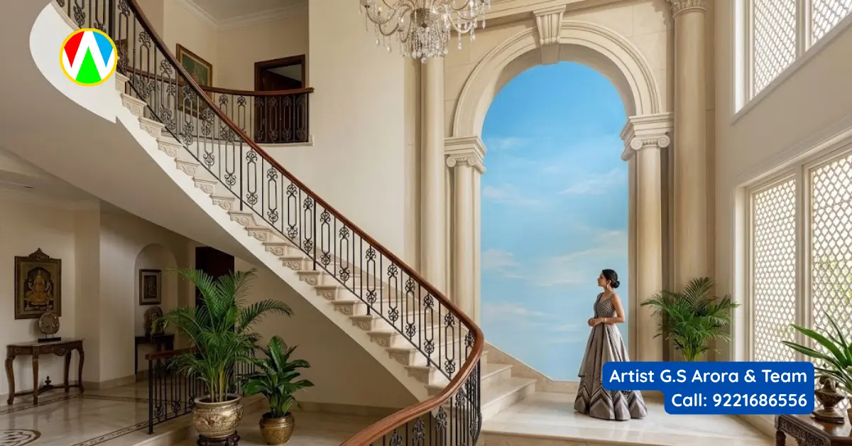 Classical Renaissance Trompe L'oeil staircase wall painting
