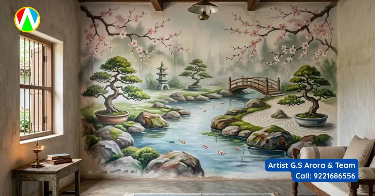 Premium biophilic living room wall murals with Japanese Zen garden style