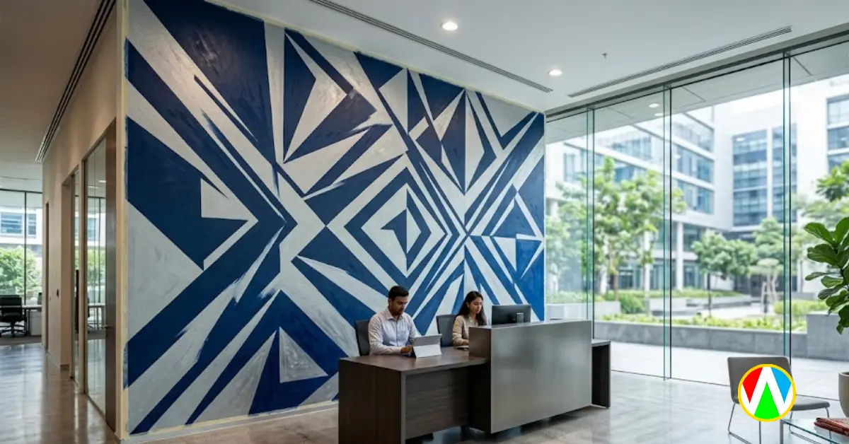 Geometric abstract wall painting Mumbai in a modern corporate office