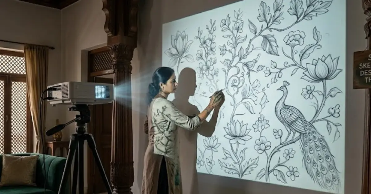 Sketching the mural design onto the wall