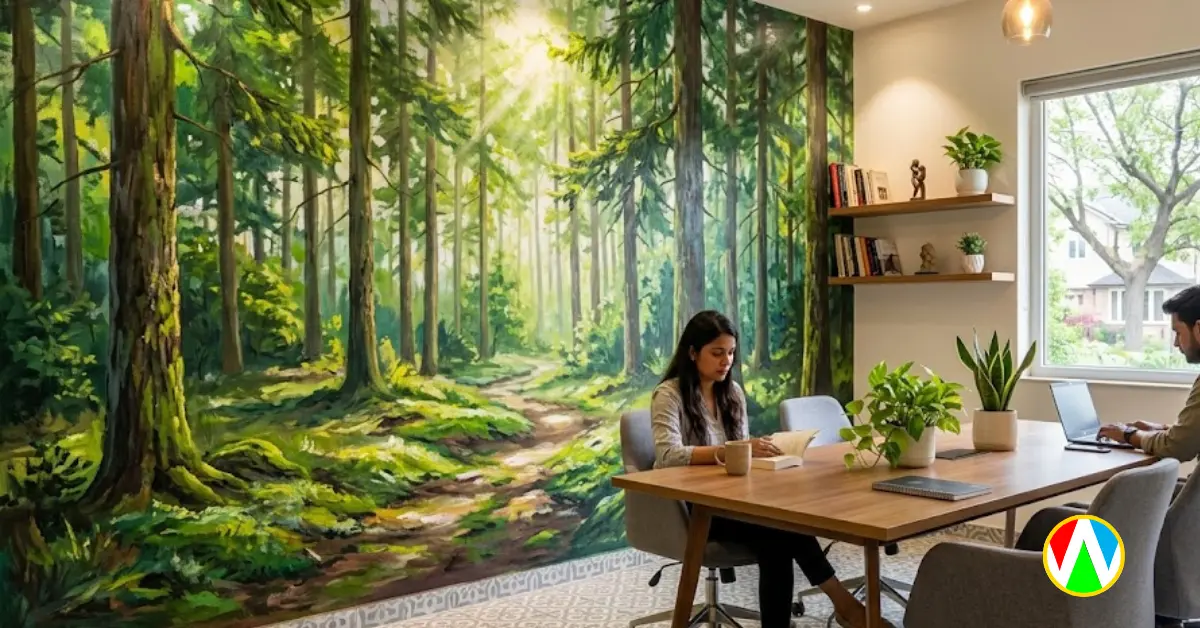 Corporate wellness room featuring biophilic nature art wall murals