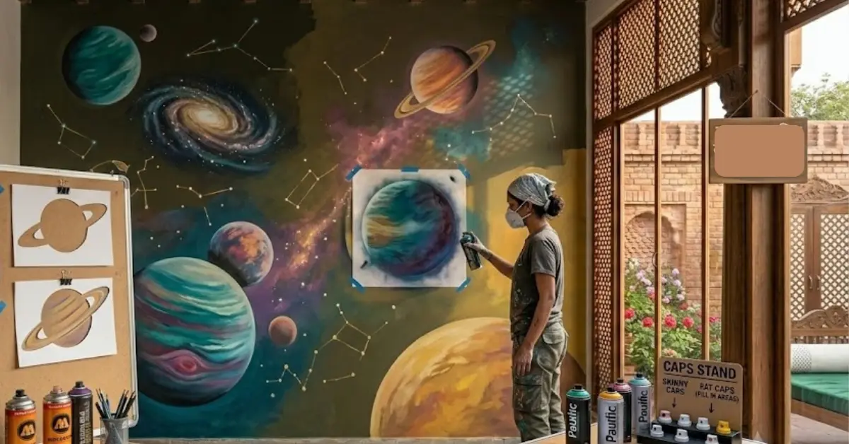 Spray painting artist creating planets using masking and stencils