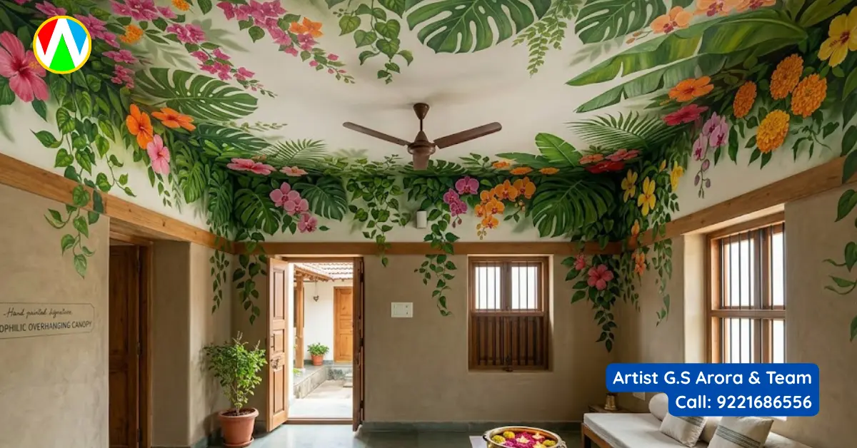 Premium ceiling painting ideas featuring a biophilic overhanging botanical canopy