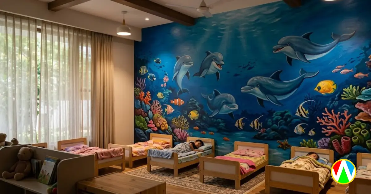 Soothing underwater aquarium theme mural in a play school rest zone