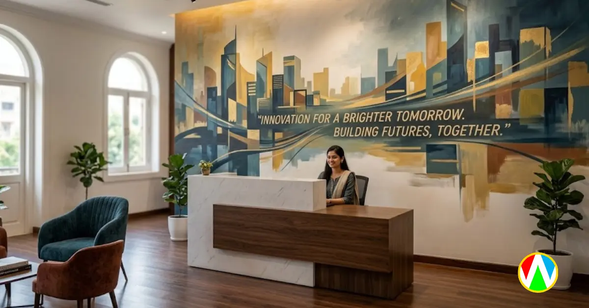 Corporate office wall painting featuring company vision and branding