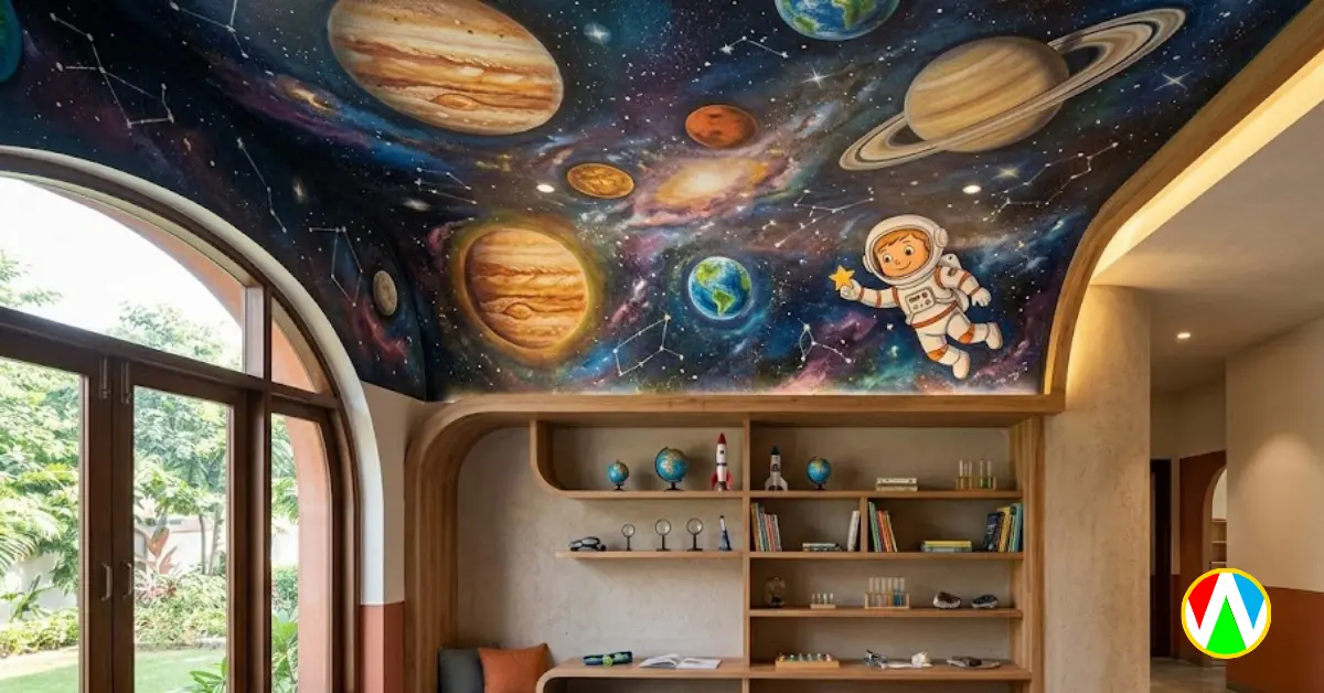 Educational solar system space theme painted on a preschool ceiling