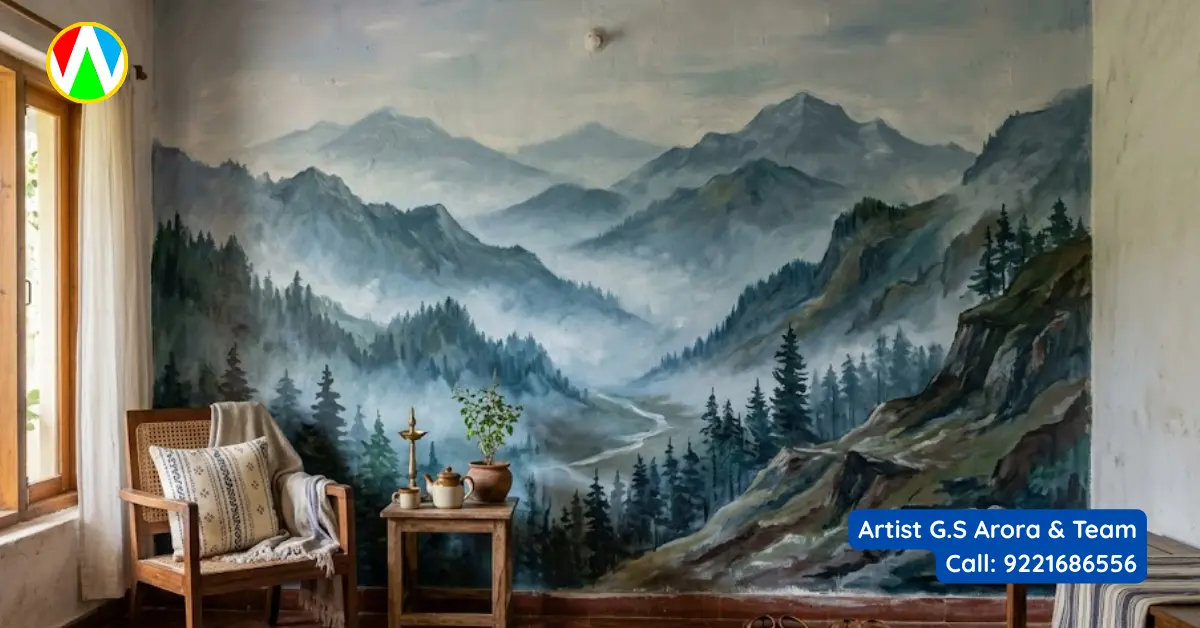 Premium biophilic living room wall murals featuring misty mountain landscapes by Artist G.S. Arora