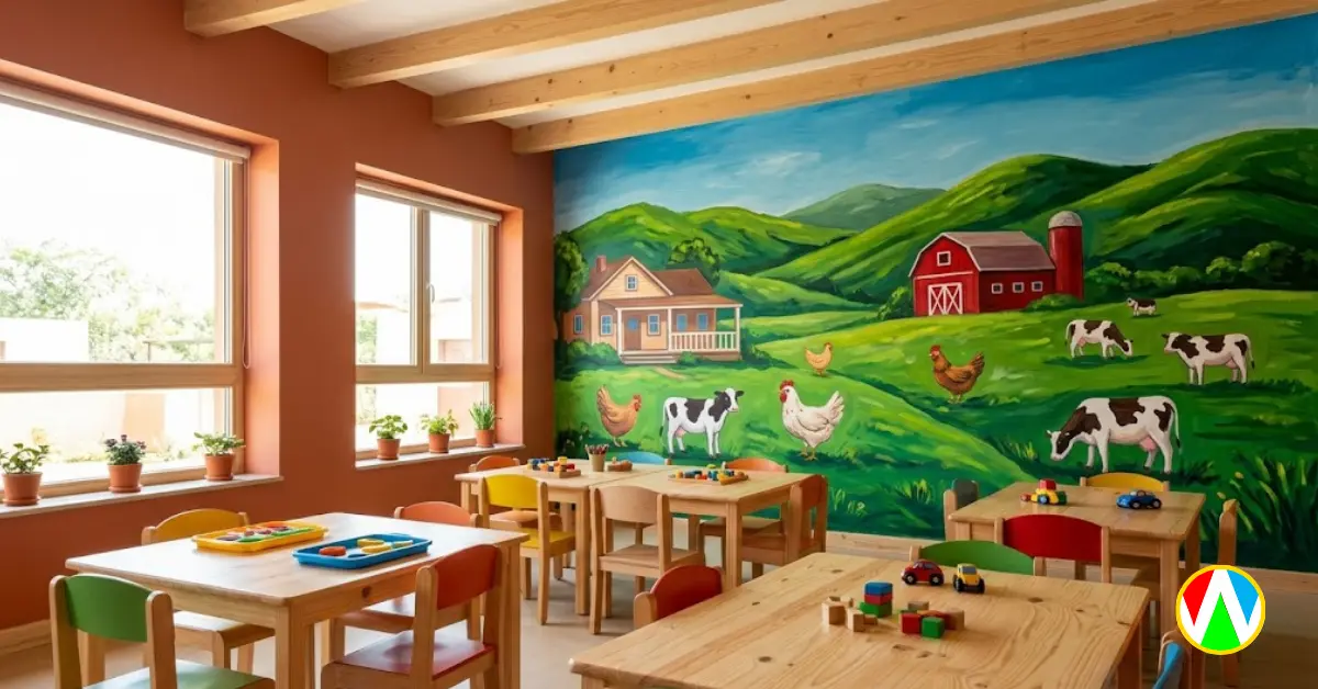 Hand painted farmhouse theme preschool classroom wall art