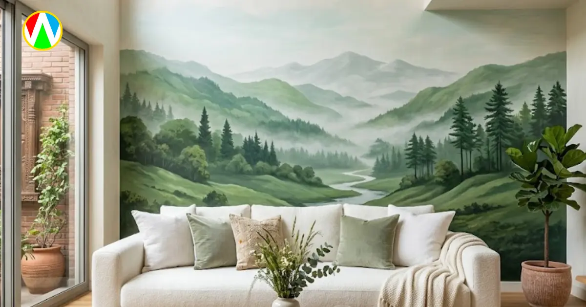 Nature inspired drawing room wall mural with lush biophilic designs