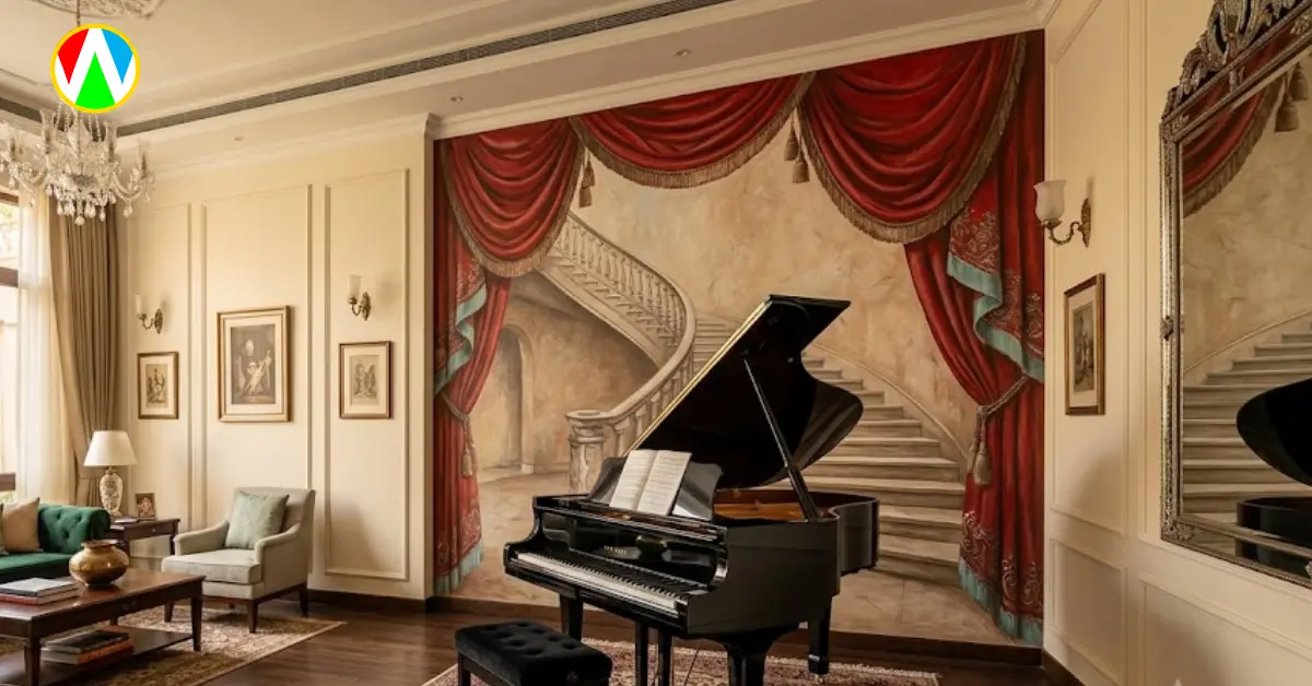 Living room wall painting featuring a grand piano and metallic bronze musicians