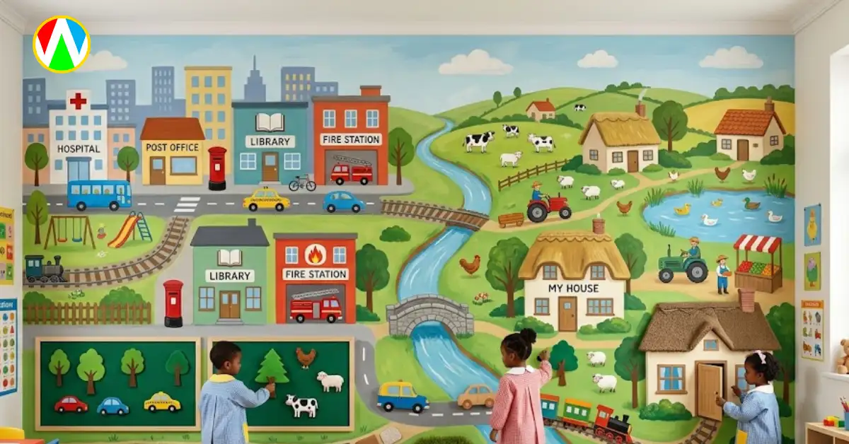 Interactive city or village theme play school wall decor