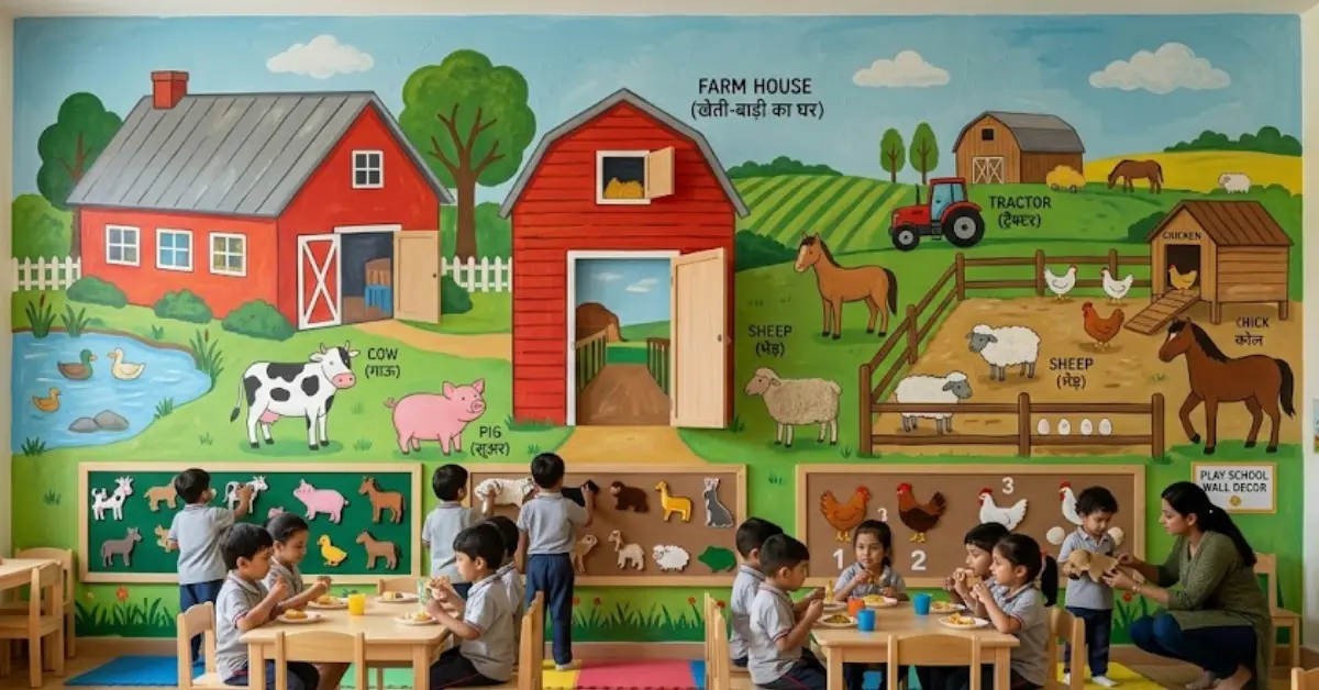 Play school wall decor featuring an interactive farm house theme