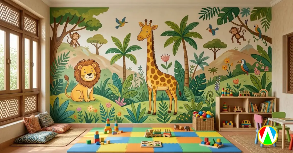 Jungle safari cartoon themed wall paintings for shared playrooms