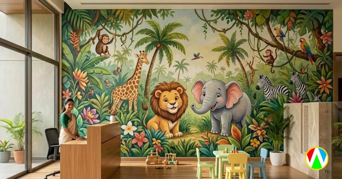 Vibrant jungle theme play school wall art ideas painted on a school classroom wall
